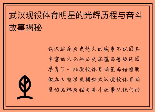 武汉现役体育明星的光辉历程与奋斗故事揭秘